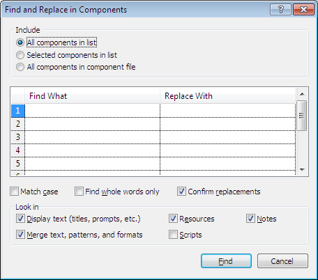 At a Glance: The Find and Replace Components dialog box